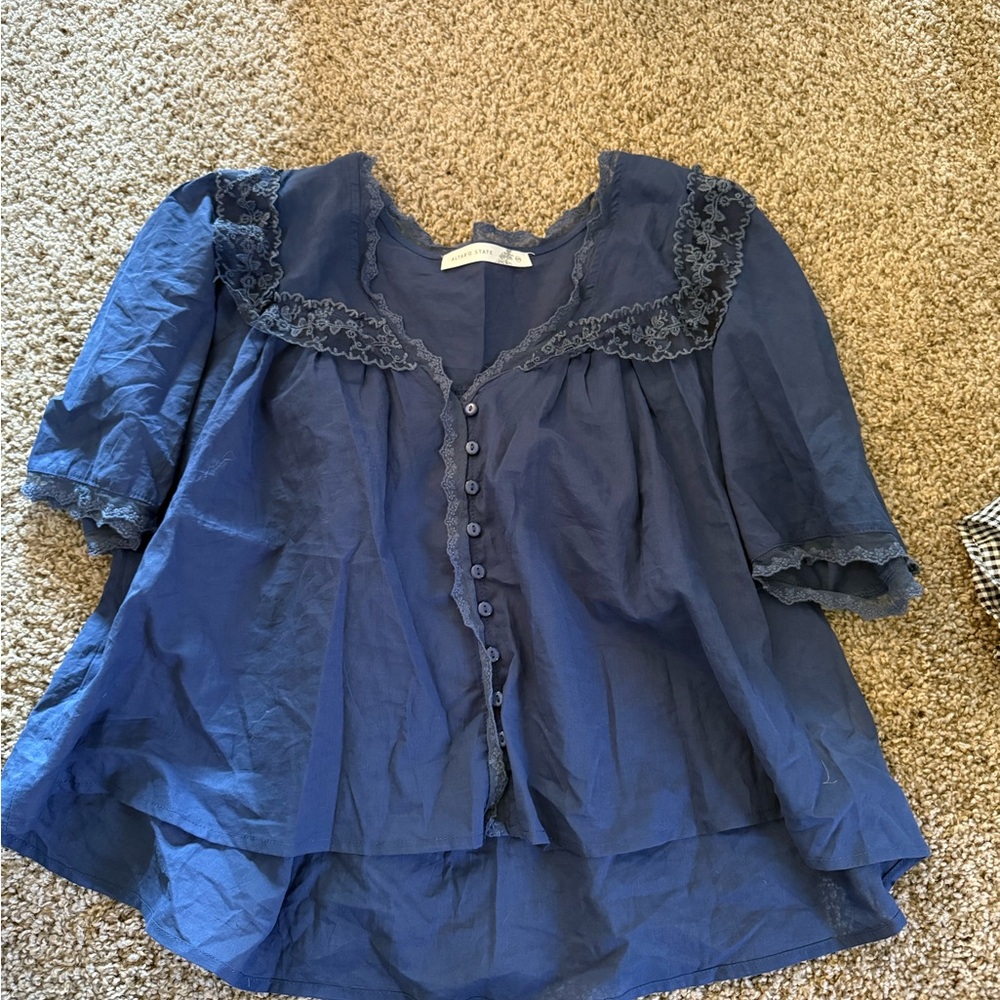 Altar'd State Navy Button-Up Blouse with Lace